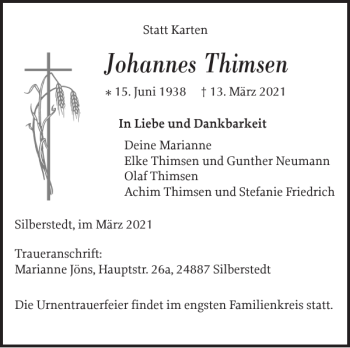 Traueranzeige von Johannes Thimsen von Flensburger Tageblatt