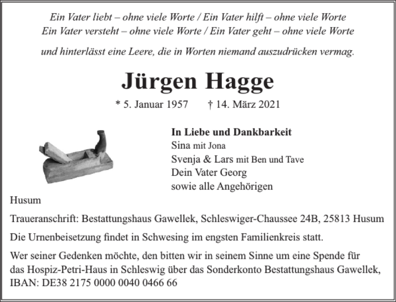  Traueranzeige für Jürgen Hagge vom 19.03.2021 aus Husumer Nachrichten