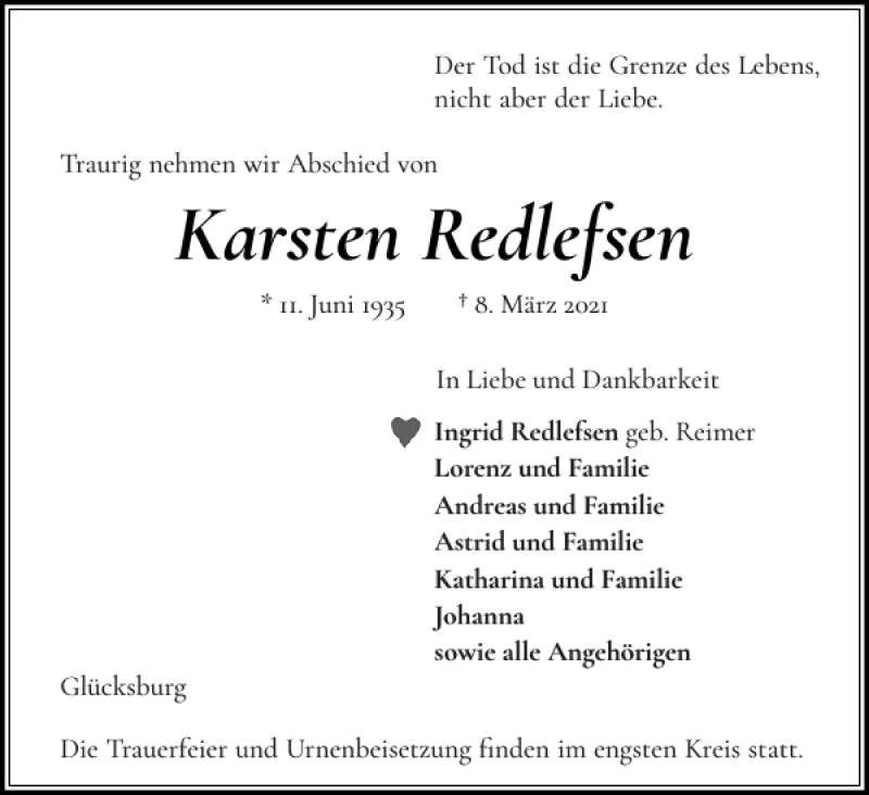  Traueranzeige für Karsten Redlefsen vom 13.03.2021 aus Flensburger Tageblatt