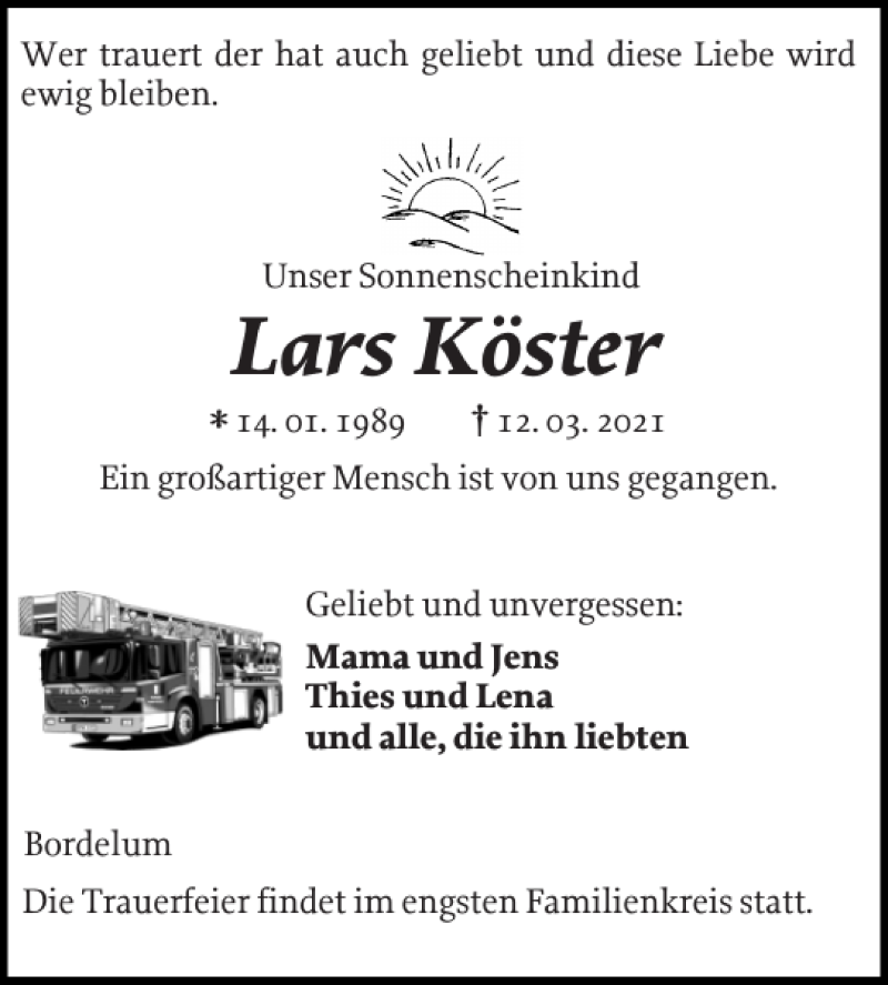  Traueranzeige für Lars Köster vom 17.03.2021 aus Husumer Nachrichten