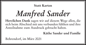 Traueranzeige von Manfred Sander von Husumer Nachrichten