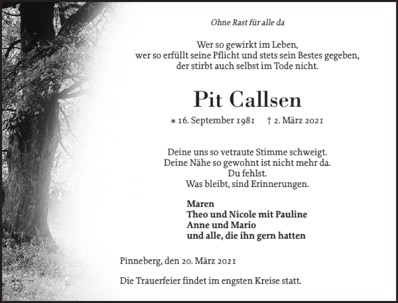  Traueranzeige für Pit Callsen vom 20.03.2021 aus Pinneberger Tageblatt