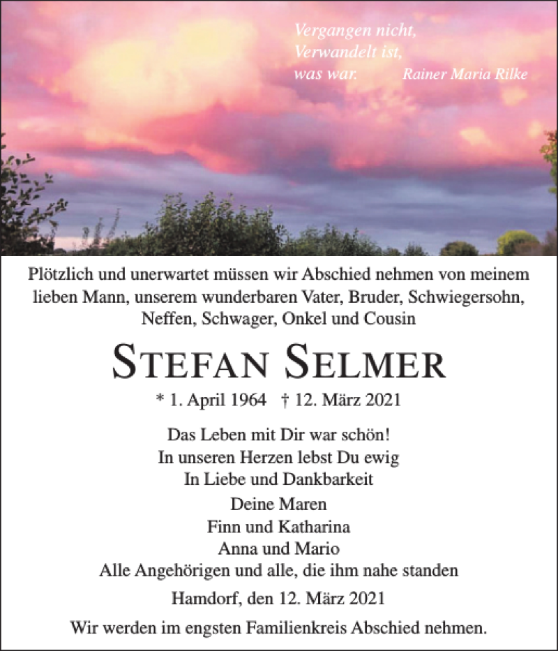 Traueranzeige für Stefan Selmer vom 18.03.2021 aus Landeszeitung