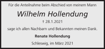 Traueranzeige von Wilhelm Hollendung von Schleswiger Nachrichten