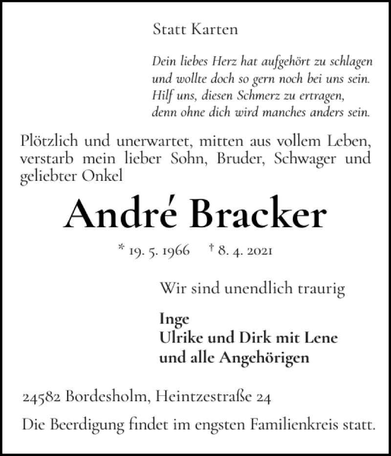  Traueranzeige für André Bracker vom 14.04.2021 aus Holsteinischer Courier