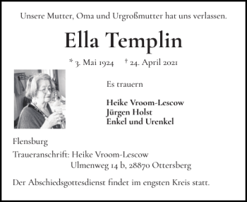 Traueranzeige von Ella Templin von Flensburger Tageblatt