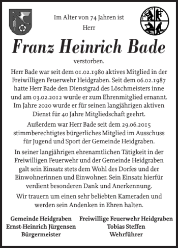Traueranzeige von Franz Heinrich Bade von Uetersener Nachrichten