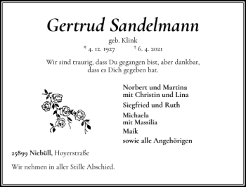 Traueranzeige von Gertrud Sandelmann von Nordfriesland Tageblatt