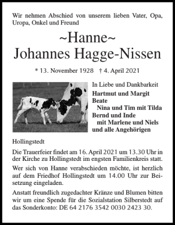 Traueranzeige von Hanne Johannes Hagge-Nissen von Schleswiger Nachrichten