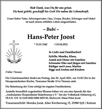 Traueranzeige von Hans-Peter Joost von Sylter Rundschau