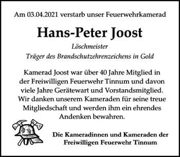 Traueranzeige von Hans-Peter Joost von Sylter Rundschau
