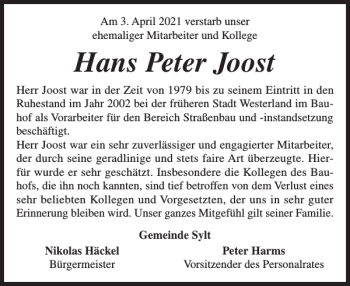 Traueranzeige von Hans Peter Joost von Sylter Rundschau