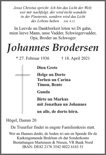 Traueranzeige von Johannes Brodersen von Husumer Nachrichten