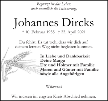 Traueranzeige von Johannes Dircks von Husumer Nachrichten
