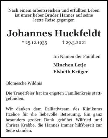 Traueranzeige von Johannes Huckfeldt von Norddeutsche Rundschau