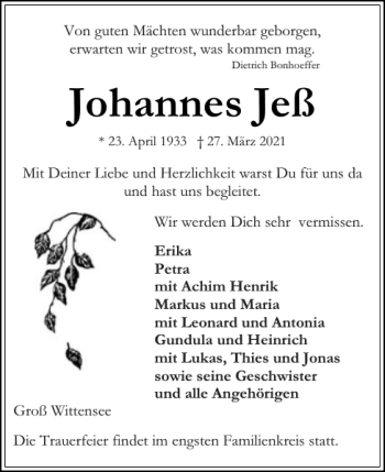 Traueranzeige von Johannes Jeß von Eckernförder Zeitung