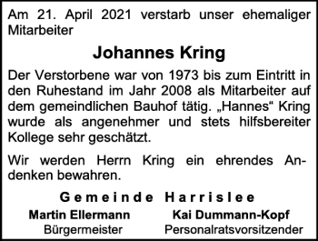 Traueranzeige von Johannes Kring von Flensburger Tageblatt
