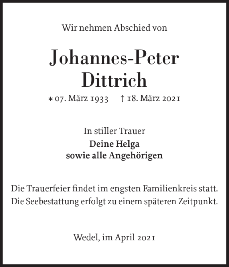  Traueranzeige für Johannes-Peter Dittrich vom 03.04.2021 aus Pinneberger Tageblatt