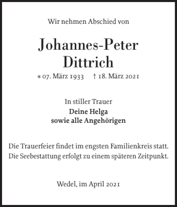 Traueranzeige von Johannes-Peter Dittrich von Pinneberger Tageblatt