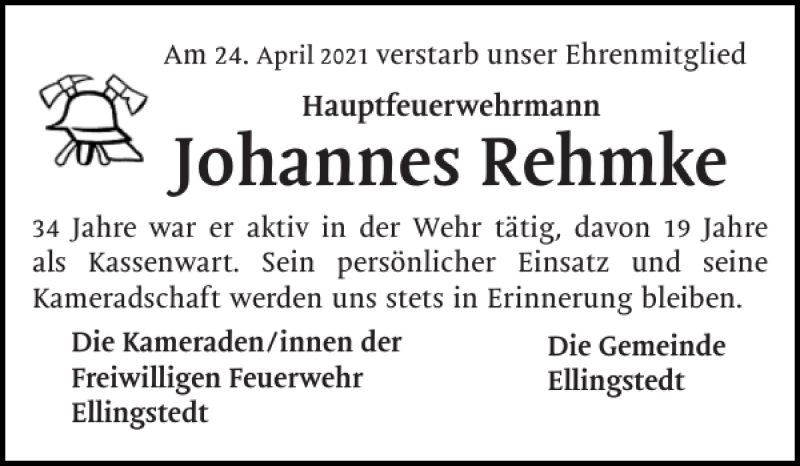  Traueranzeige für Johannes Rehmke vom 29.04.2021 aus Schleswiger Nachrichten