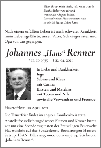 Traueranzeige von Johannes Renner von Flensburger Tageblatt