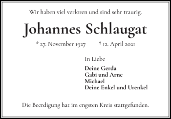 Traueranzeige von Johannes Schlaugat von Flensburger Tageblatt