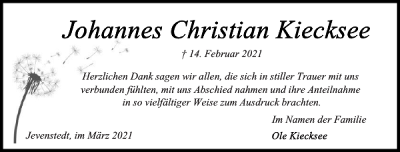  Traueranzeige für Johannes Christian Kiecksee vom 03.04.2021 aus Landeszeitung