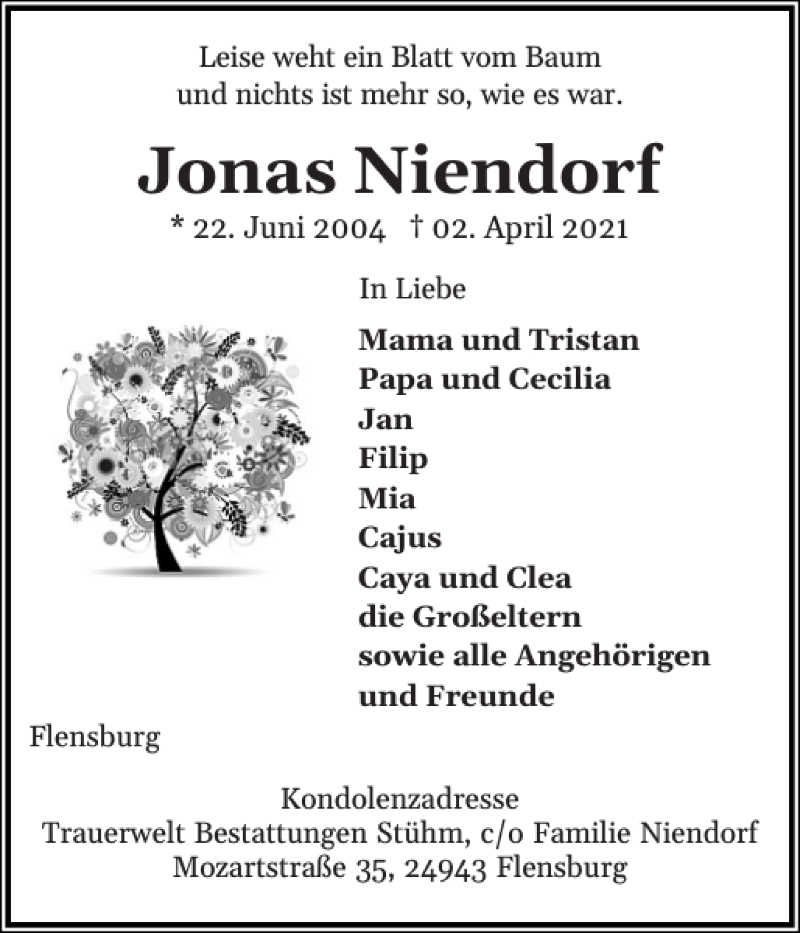  Traueranzeige für Jonas Niendorf vom 10.04.2021 aus Flensburger Tageblatt