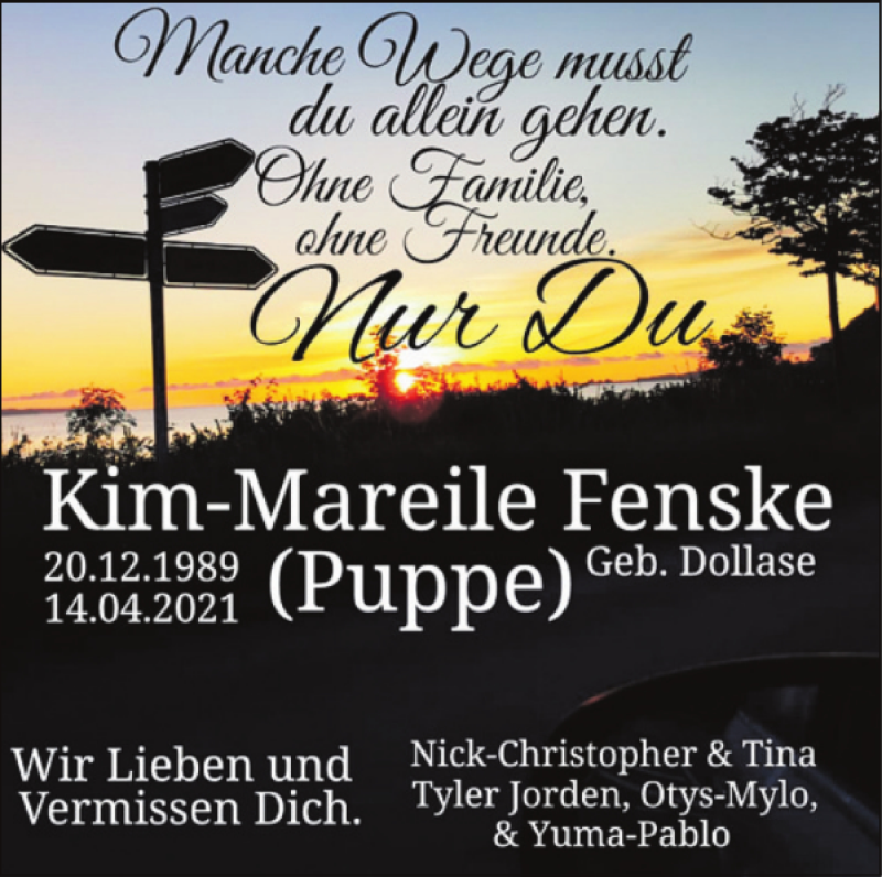  Traueranzeige für Kim-Mareile Fenske vom 17.04.2021 aus Eckernförder Zeitung