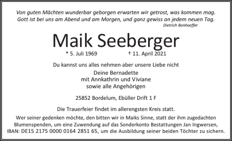  Traueranzeige für Maik Seeberger vom 19.04.2021 aus Husumer Nachrichten