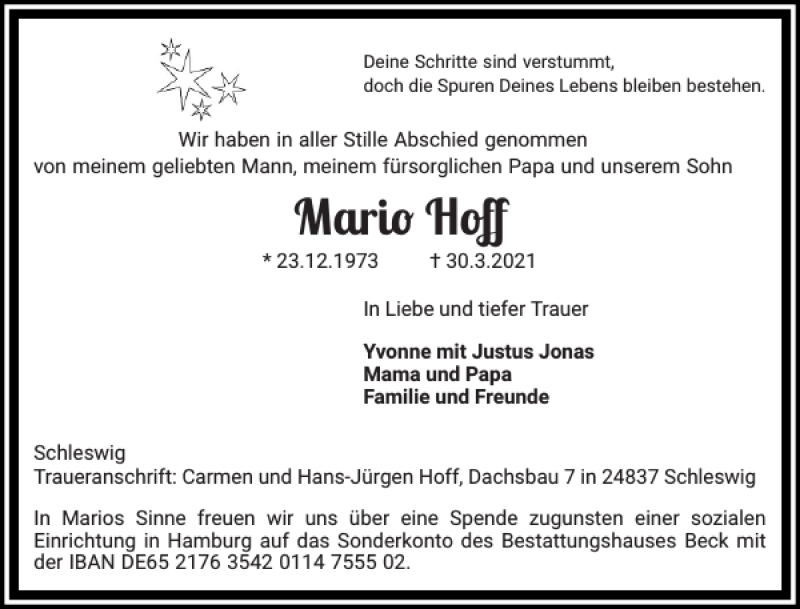  Traueranzeige für Mario Hoff vom 12.04.2021 aus Schleswiger Nachrichten