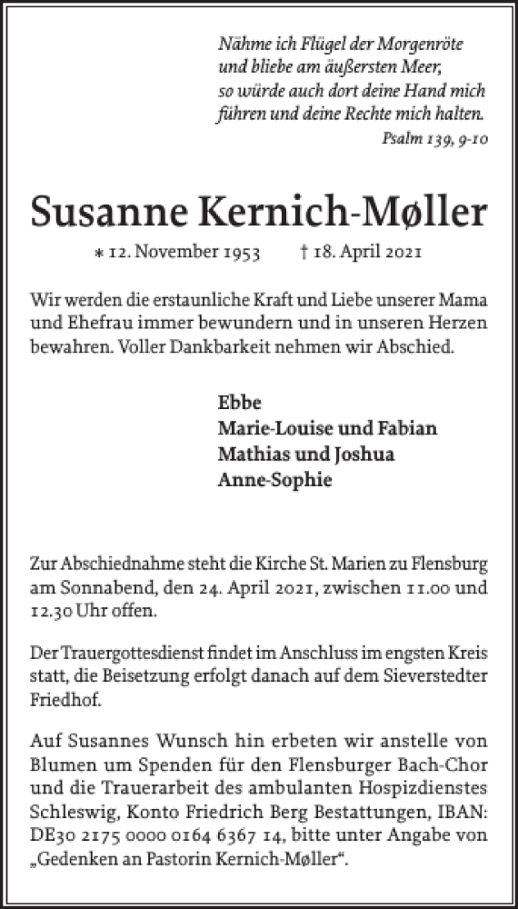  Traueranzeige für Susanne Kernich-Møller vom 21.04.2021 aus Flensburger Tageblatt