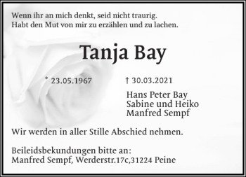 Traueranzeige von Tanja Bay von Eckernförder Zeitung