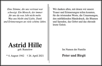 Traueranzeige von Astrid Hille von Stormarner Tageblatt