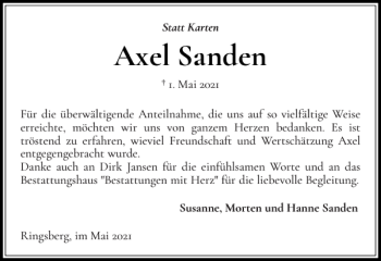 Traueranzeige von Axel Sanden von Flensburger Tageblatt