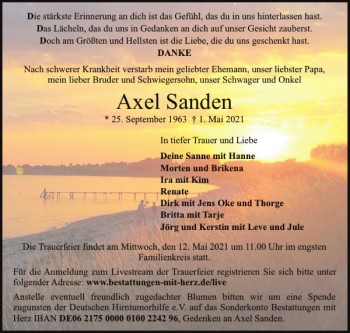 Traueranzeige von Axel Sanden von Flensburger Tageblatt