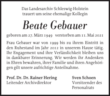 Traueranzeige von Beate Gebauer von Schleswiger Nachrichten