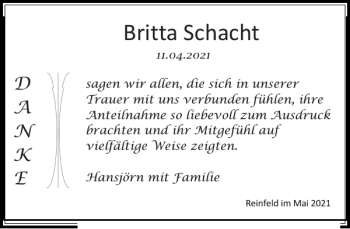 Traueranzeige von Britta Schacht von Stormarner Tageblatt