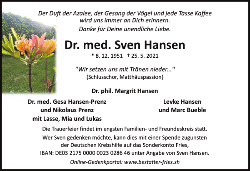  Traueranzeige für Dr. med. Sven Hansen vom 29.05.2021 aus Flensburger Tageblatt