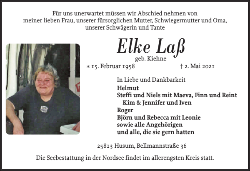 Traueranzeige für Elke Laß vom 07.05.2021 aus Husumer Nachrichten