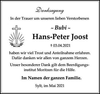 Traueranzeige von Hans-Peter Joost von Sylter Rundschau