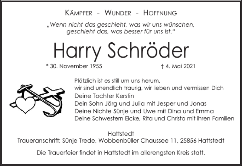  Traueranzeige für Harry Schröder vom 08.05.2021 aus Husumer Nachrichten