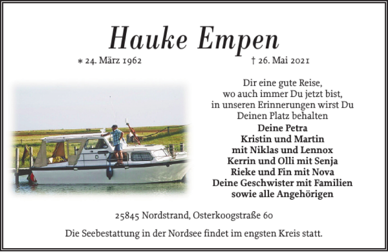  Traueranzeige für Hauke Empen vom 31.05.2021 aus Husumer Nachrichten