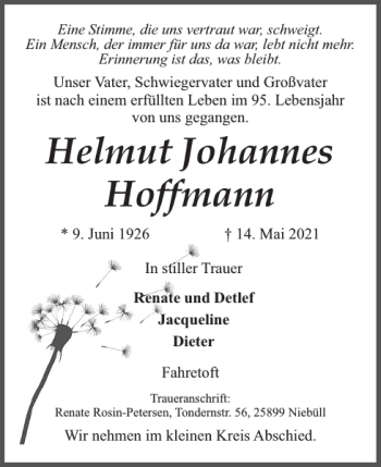 Traueranzeige von Helmut Johannes Hoffmann von Nordfriesland Tageblatt