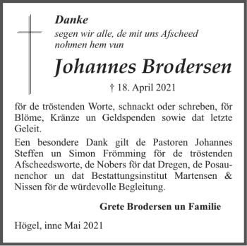 Traueranzeige von Johannes Brodersen von Husumer Nachrichten
