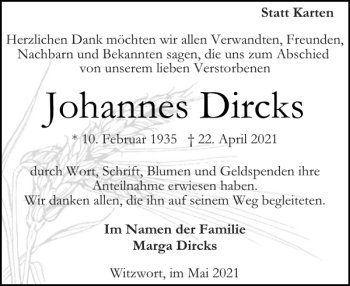 Traueranzeige von Johannes Dircks von Husumer Nachrichten