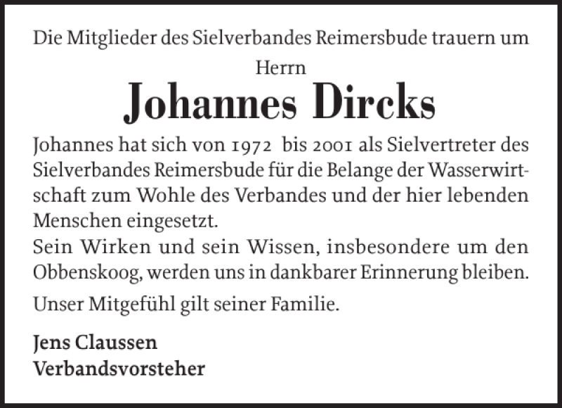  Traueranzeige für Johannes Dircks vom 03.05.2021 aus Husumer Nachrichten