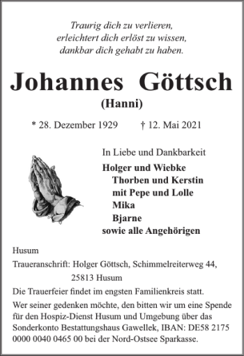 Traueranzeige von Johannes Göttsch von Husumer Nachrichten