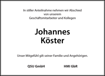 Traueranzeige von Johannes Köster von Stormarner Tageblatt