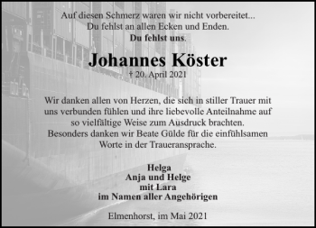 Traueranzeige von Johannes Köster von Stormarner Tageblatt